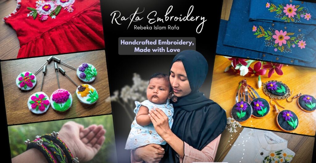 Rebeka Islam, founder ofRafa Embroidery, showcasing handmade fashion products developed through the Backspace CSR Project’s Digital Entrepreneurship Initiative in Bangladesh.
